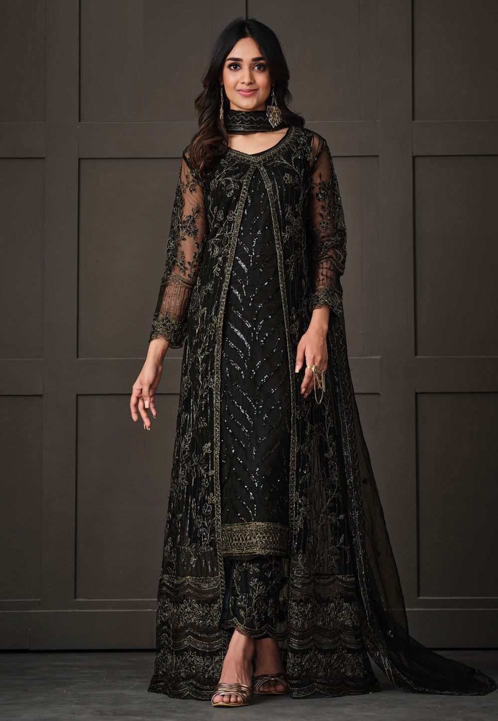 Black Net Embroidered Pant Style Suit 258769