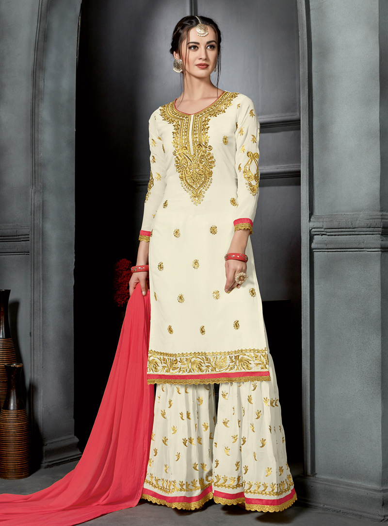 Off White Faux Georgette Sharara Style Suit 146962