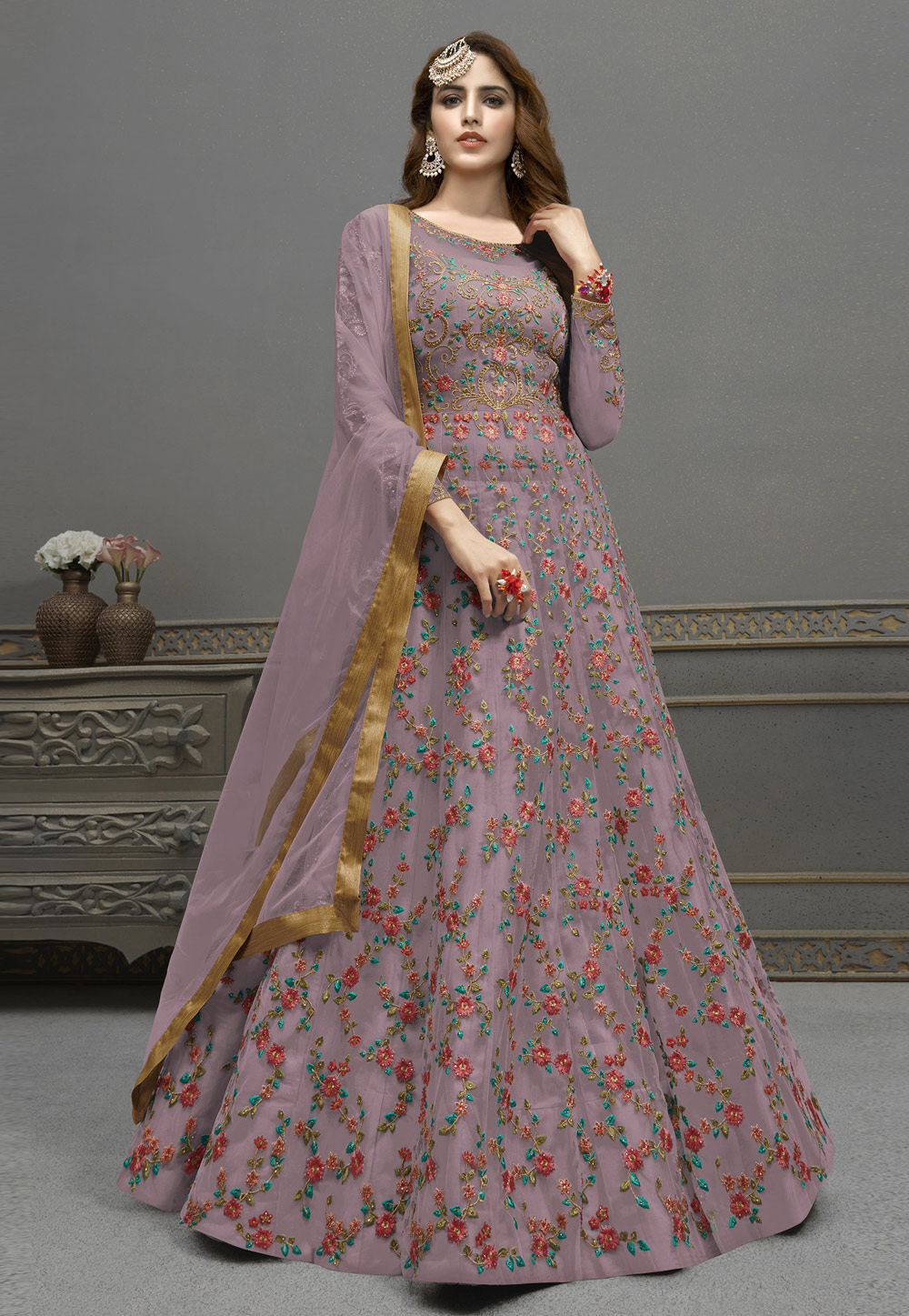 Pink Satin Embroidered Indo Western Lehenga Choli 257536
