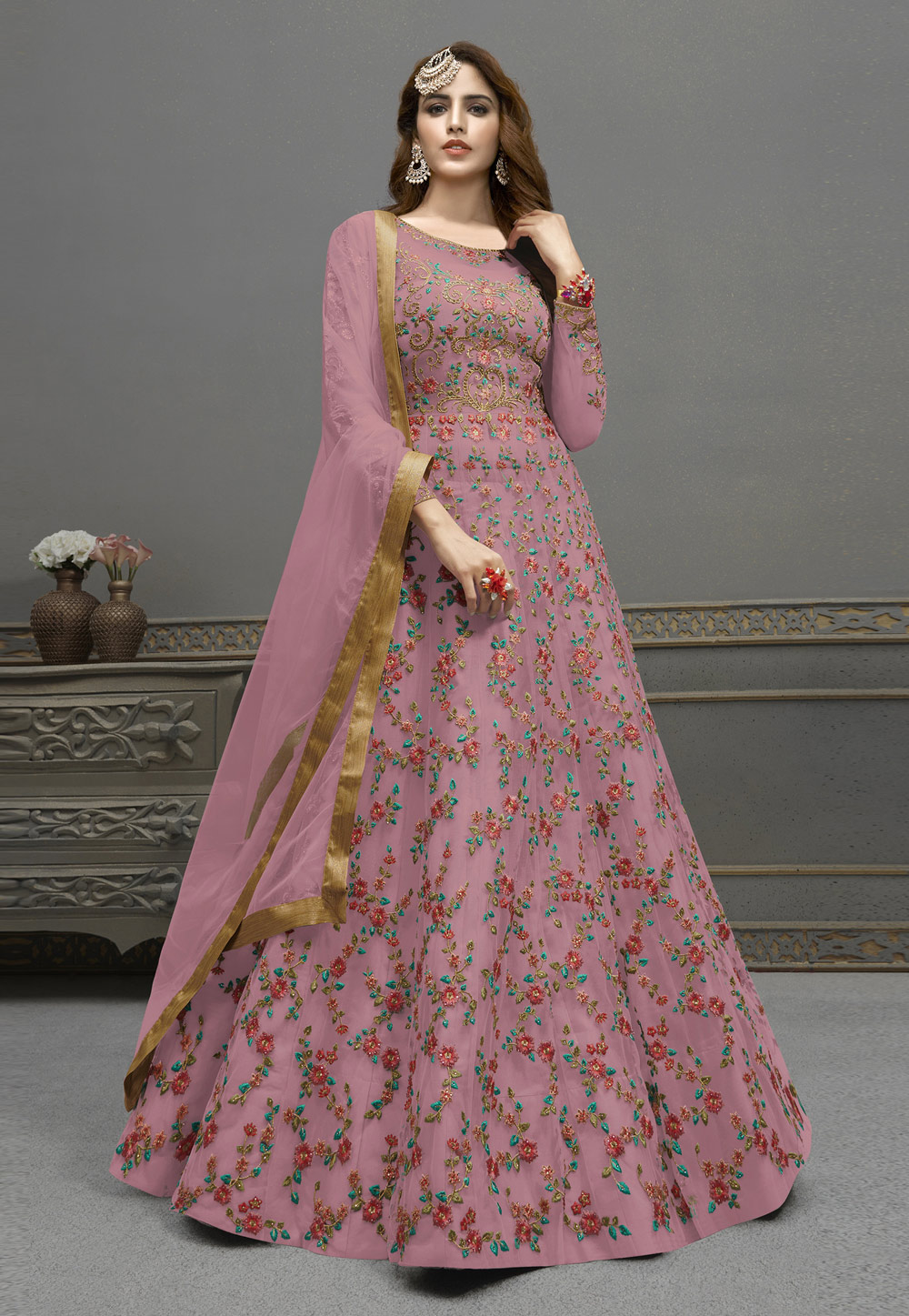Pink Satin Embroidered Indo Western Lehenga Choli 257538