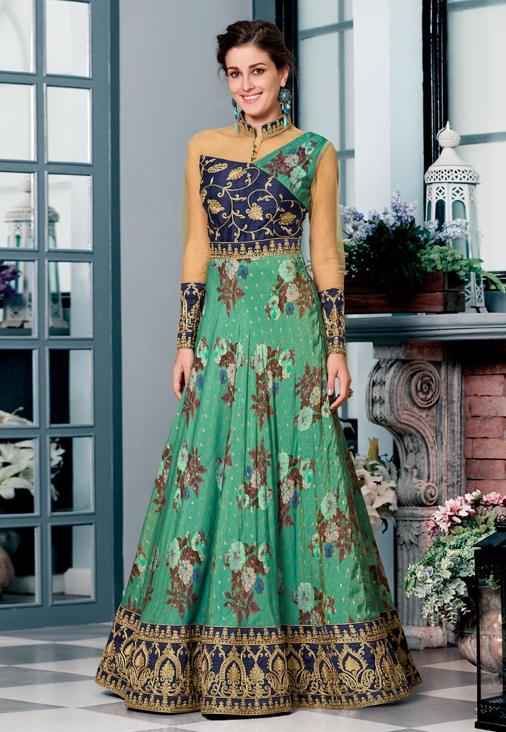 Green Silk Printed Gown 163816