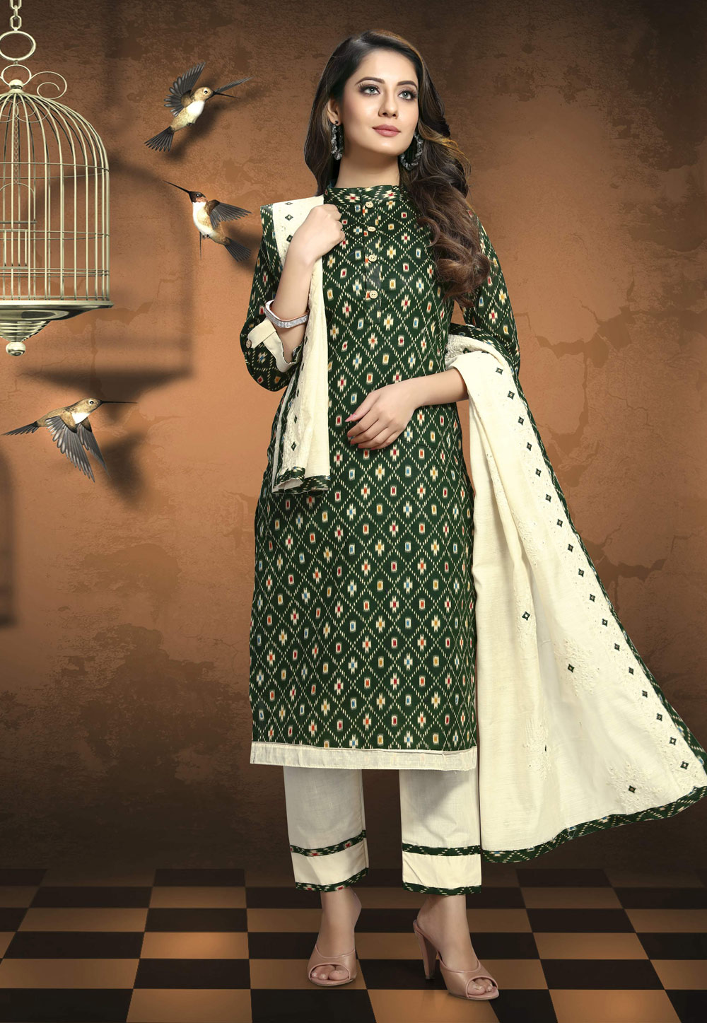 Green Patola Silk Pant Style Suit 211602