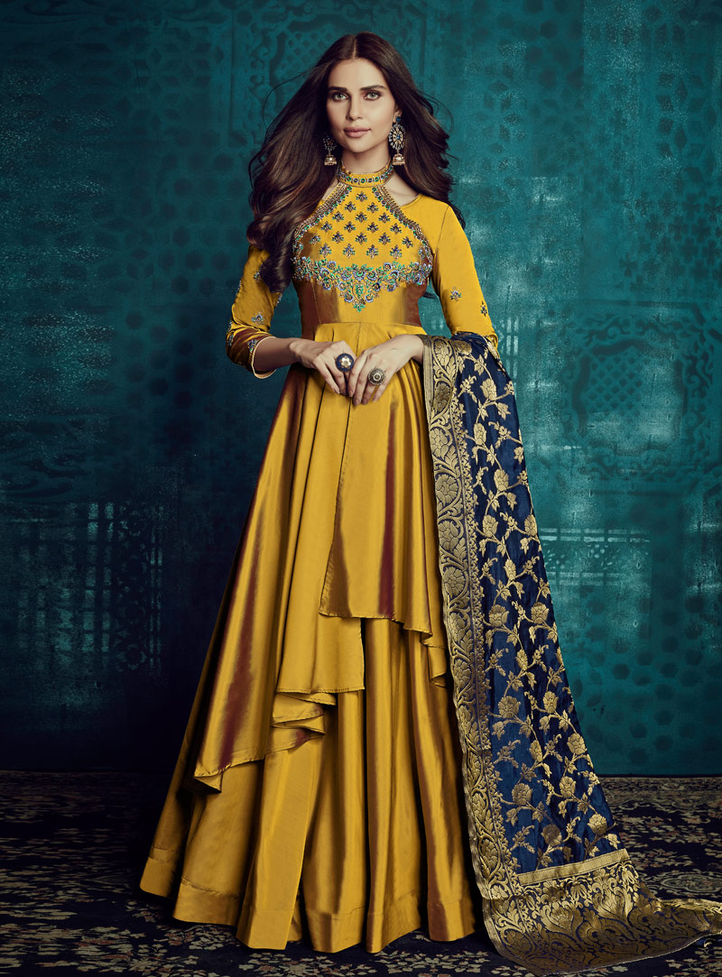 Yellow Taffeta Silk Readymade Anarkali Suit 143347