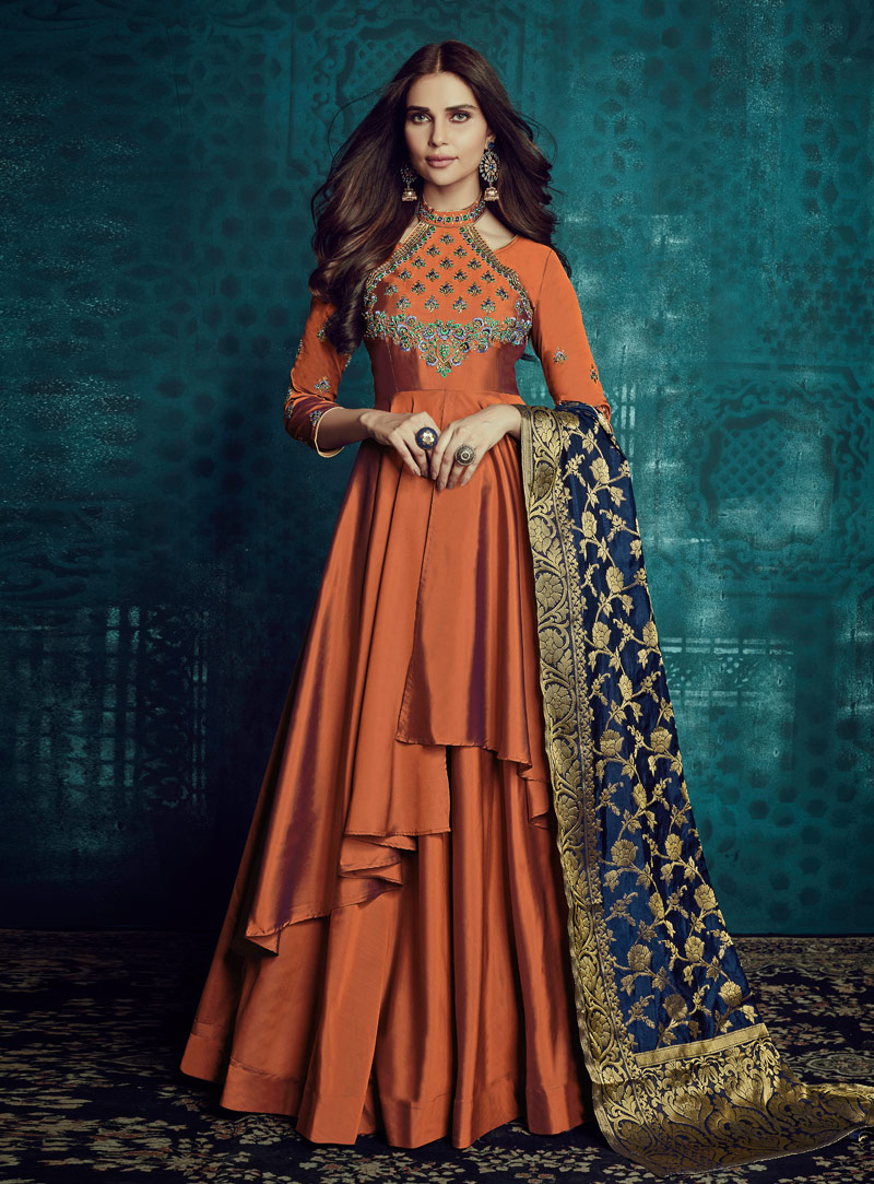 Orange Taffeta Silk Readymade Long Anarkali Suit 143348