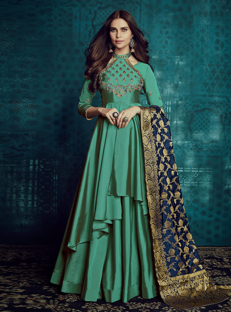 Green Taffeta Silk Readymade Anarkali Suit 143349