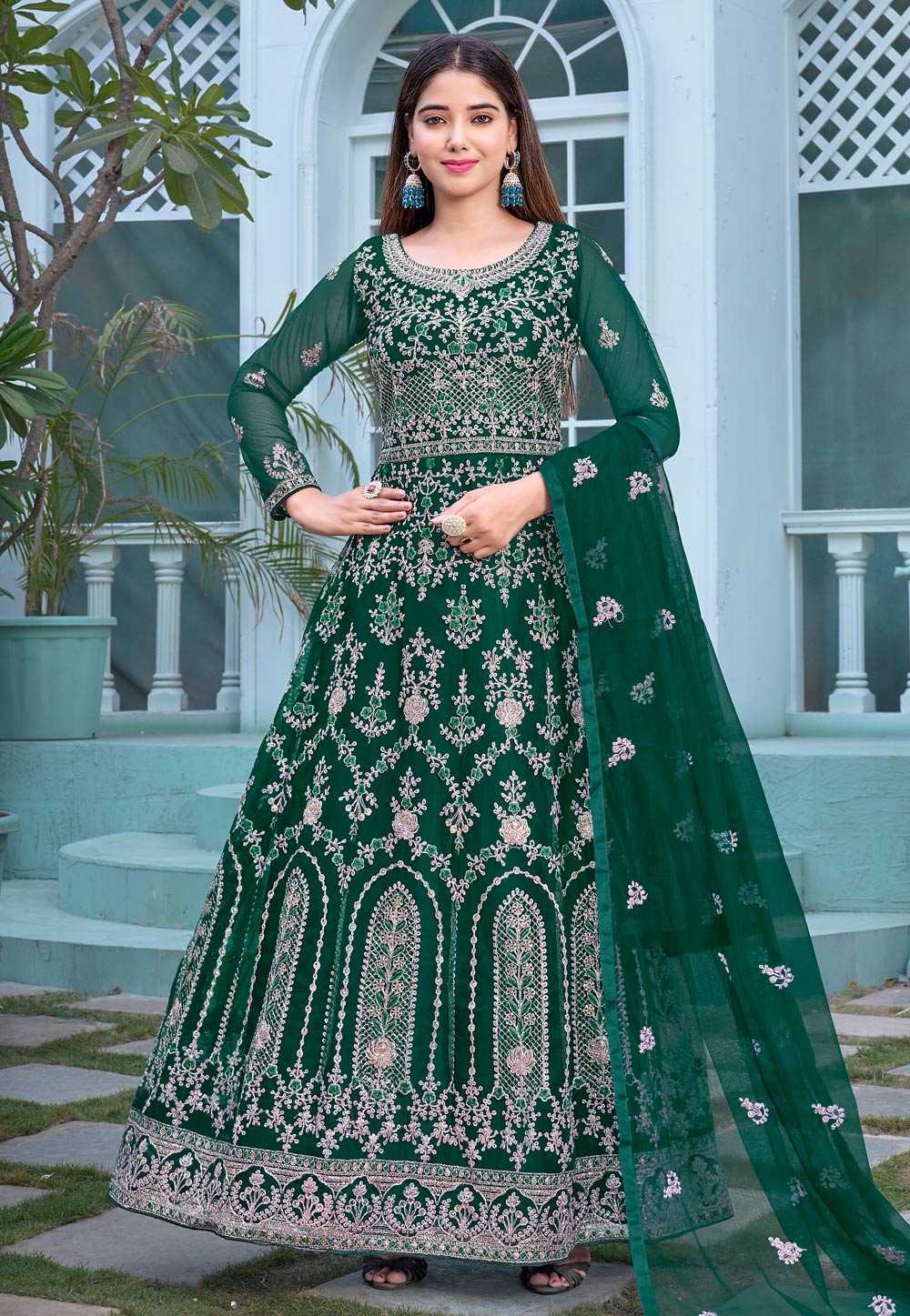 Green Net Abaya Style Anarkali Suit 266072