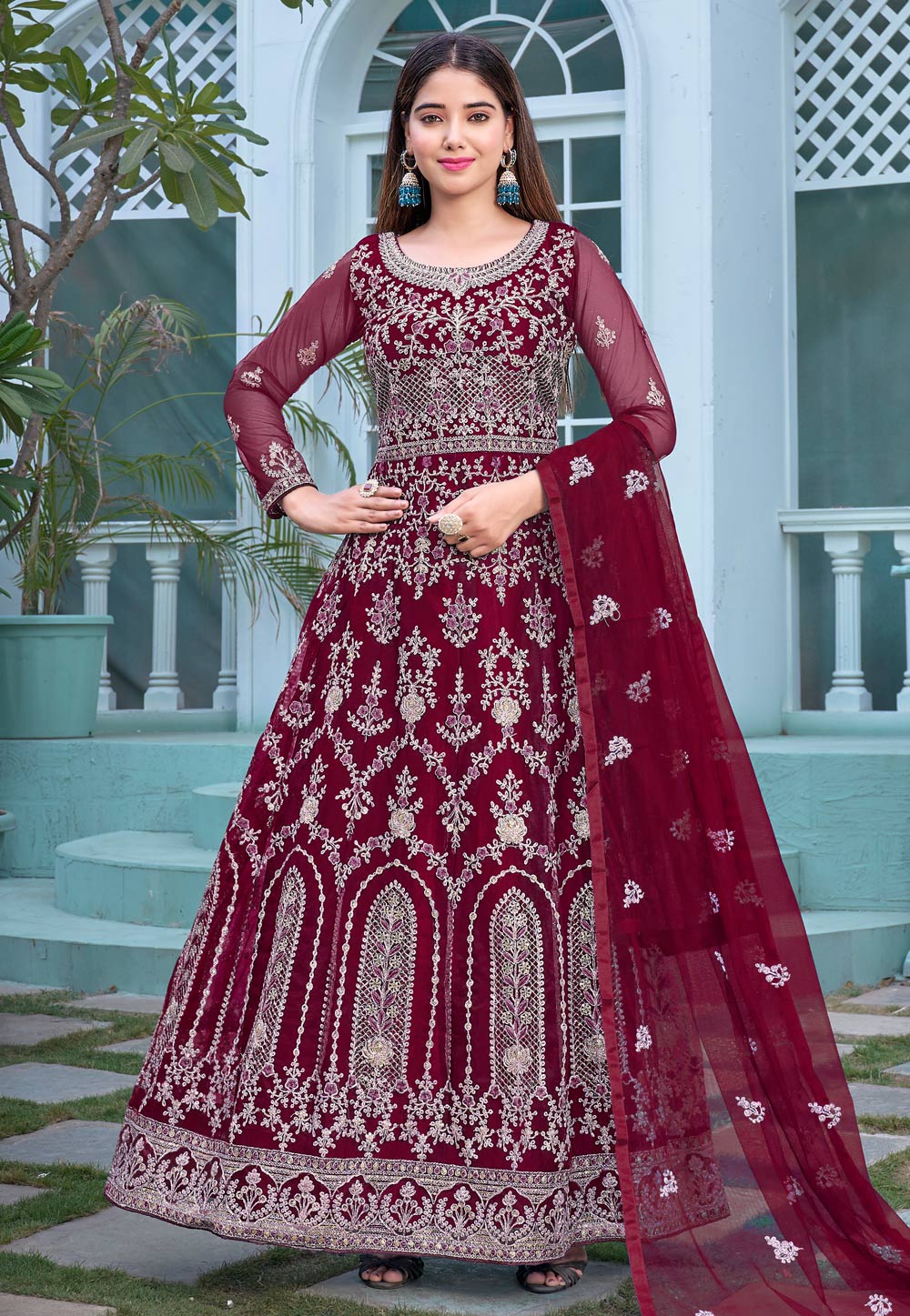 Maroon Net Long Anarkali Suit 266073