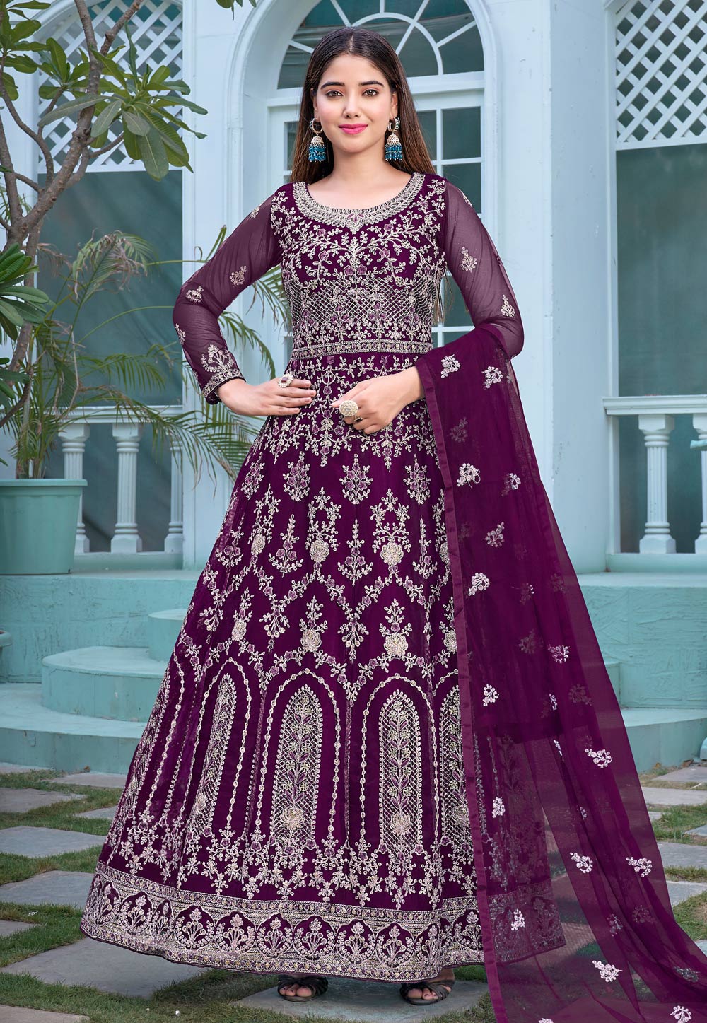Purple Net Abaya Style Anarkali Suit 266074