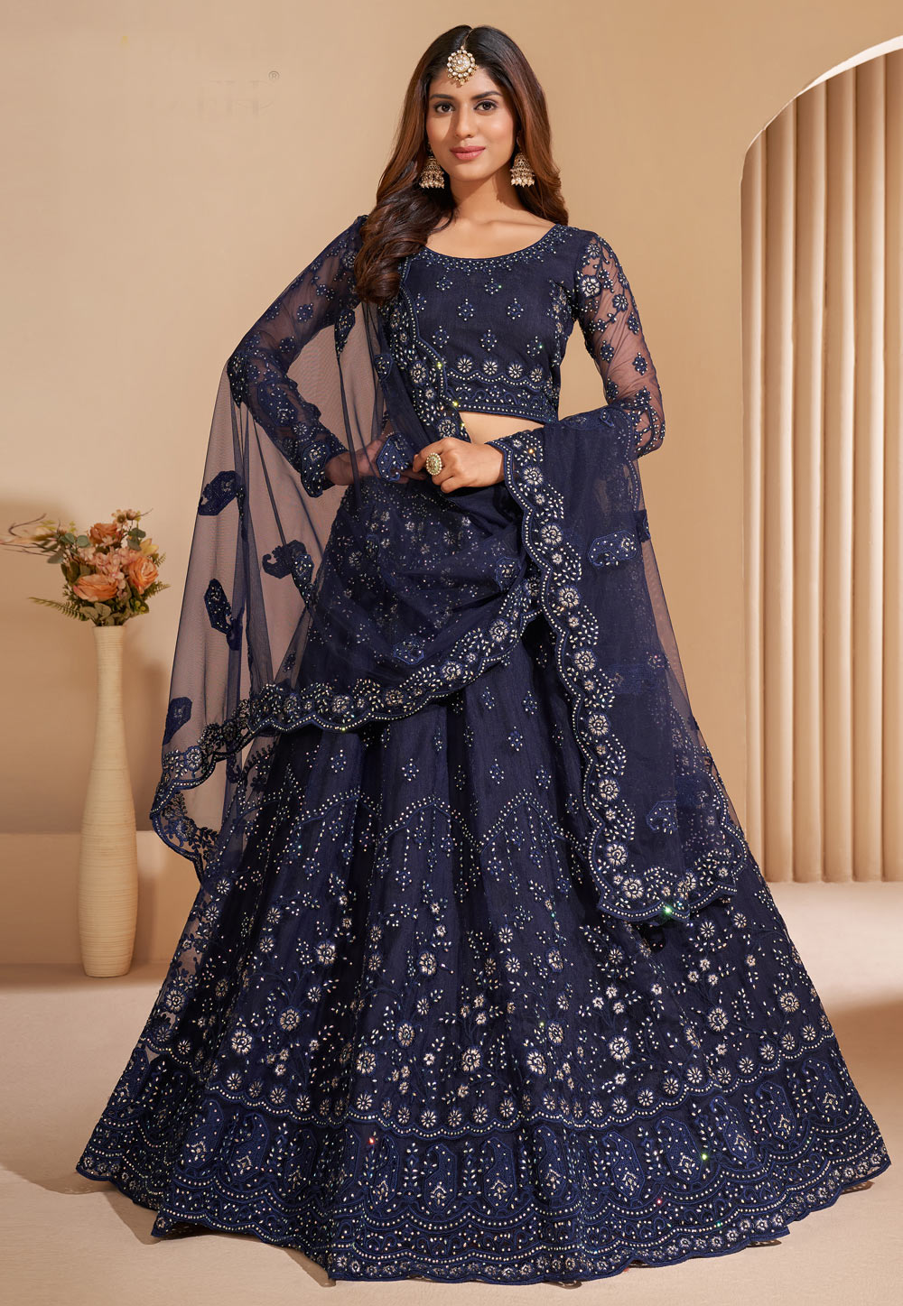 Navy Blue Net Circular Lehenga Choli 242281