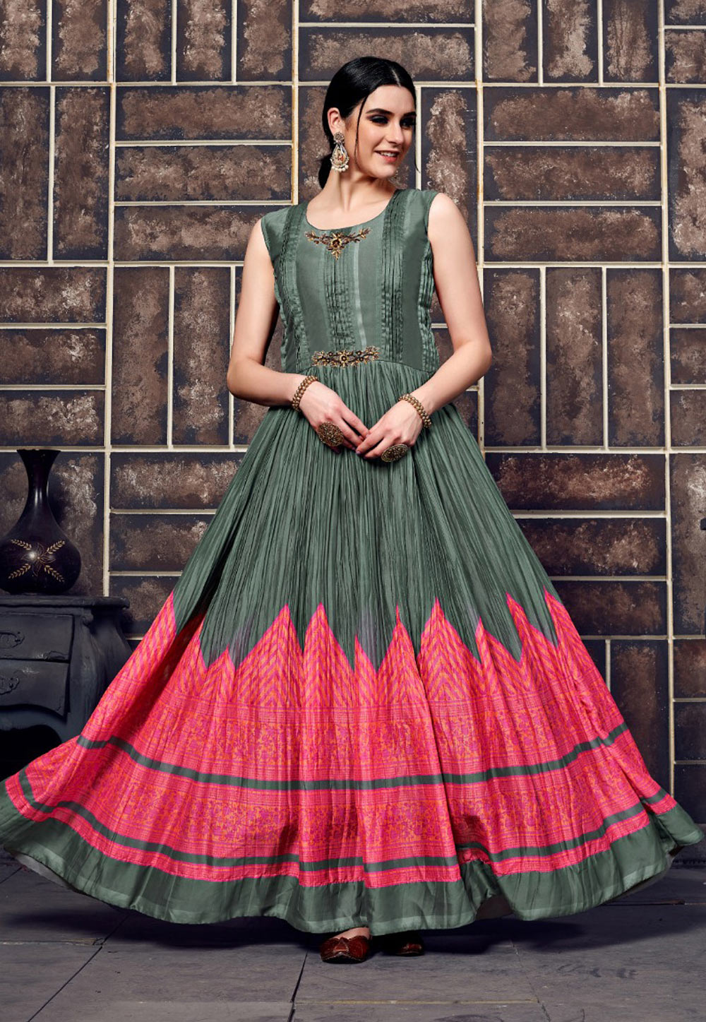 Olive Green Silk Readymade Flared Gown 180861