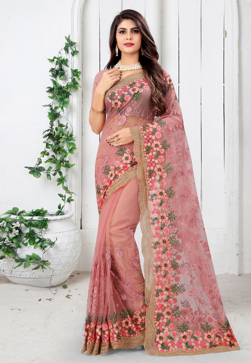 Pink Net Saree With Blouse 233936