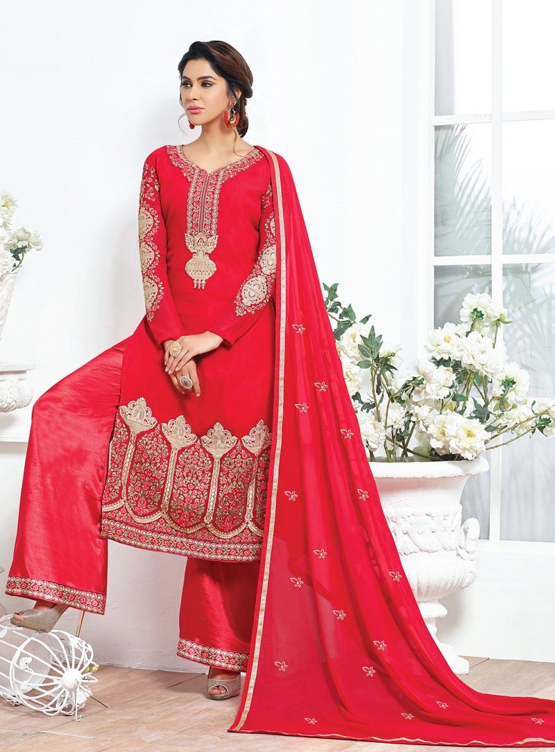 Red Georgette Pakistani Style Suit 92673
