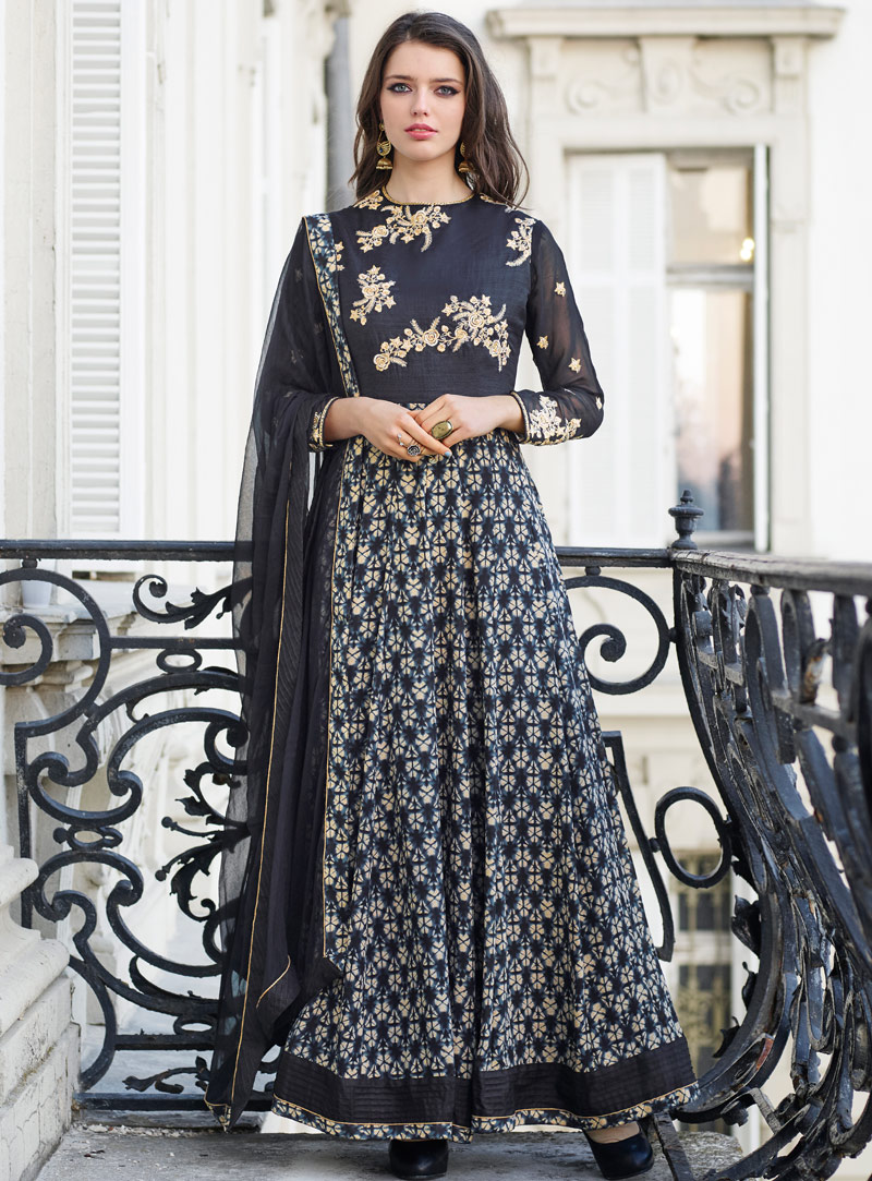Black Bhagalpuri Silk Ankle Length Anarkali Suit 92740