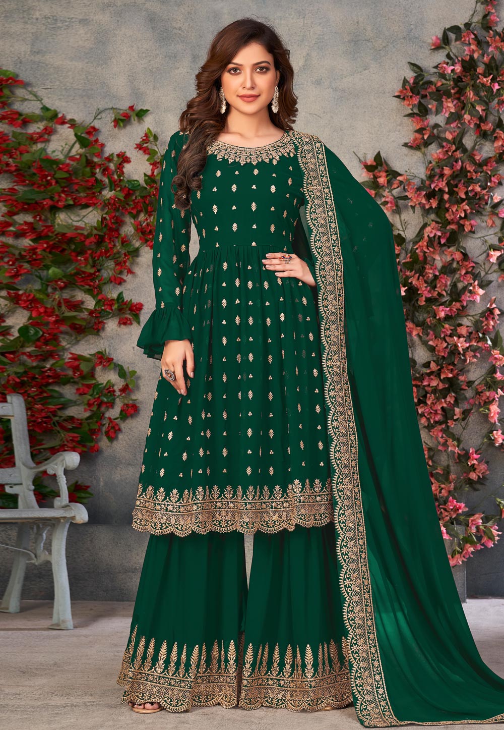 Green Faux Georgette Palazzo Suit 247841