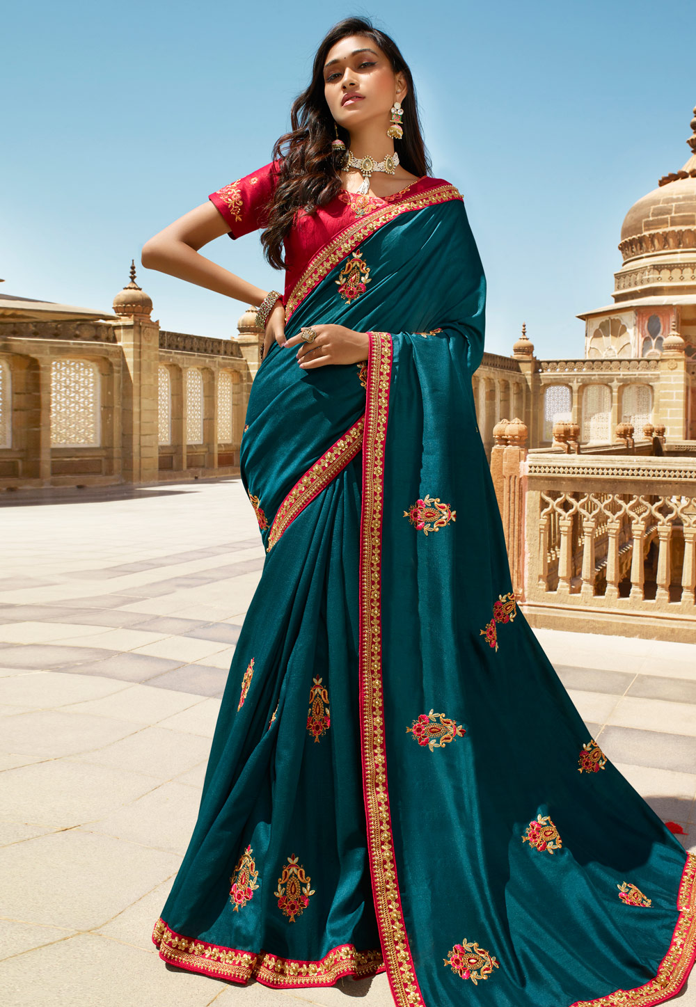 Blue Silk Embroidered Party Wear Saree 172725