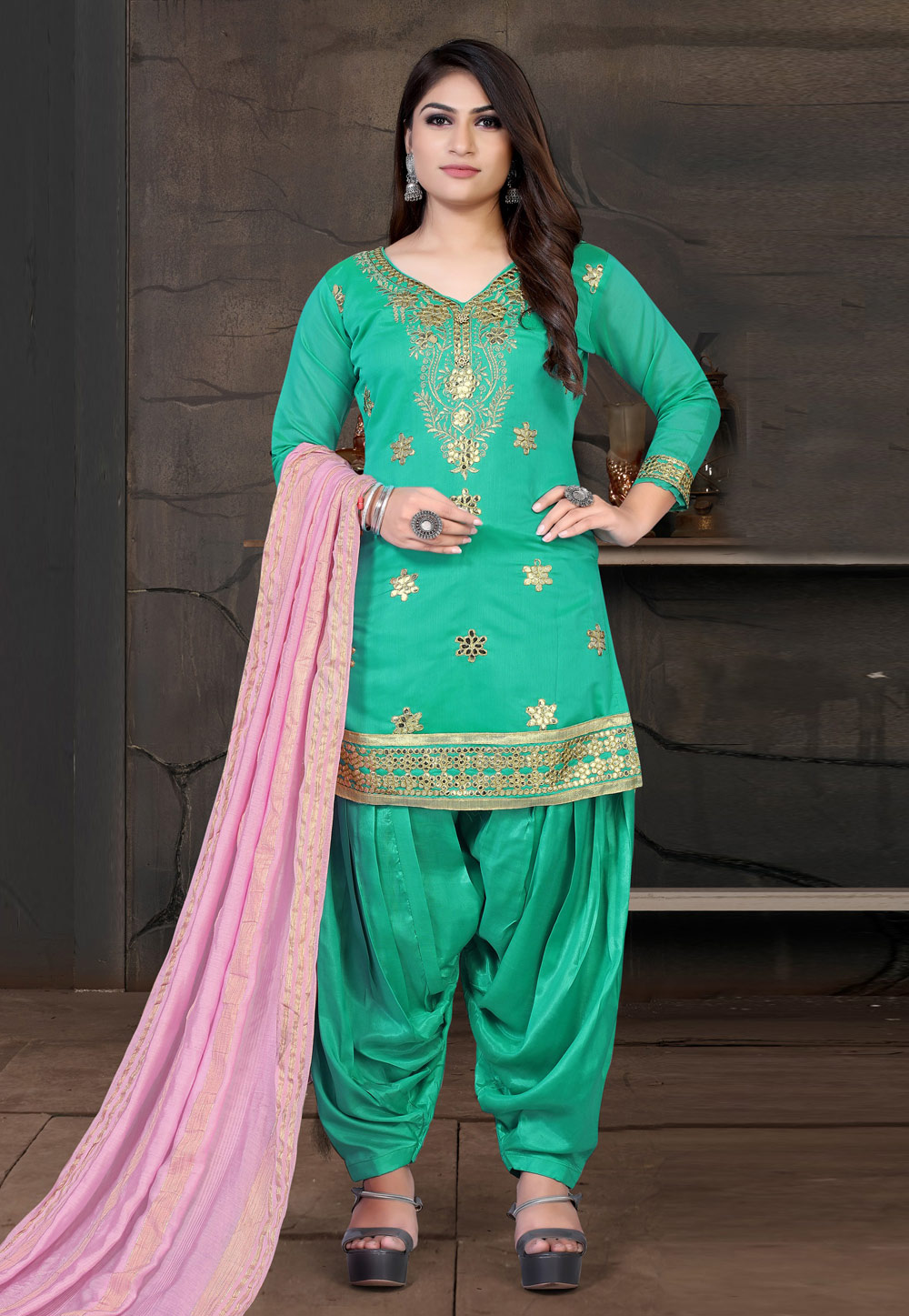 Green Floral Print Gathered Punjabi Suit - Pretty Kaur D.