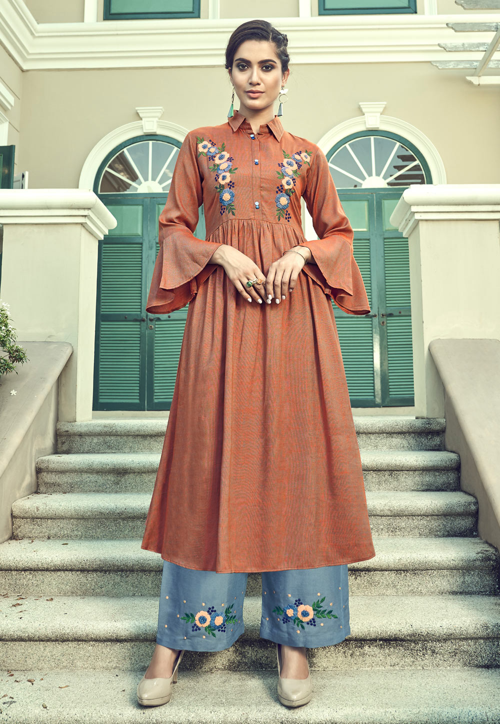 Rust Cotton Readymade Palazzo Suit 198669