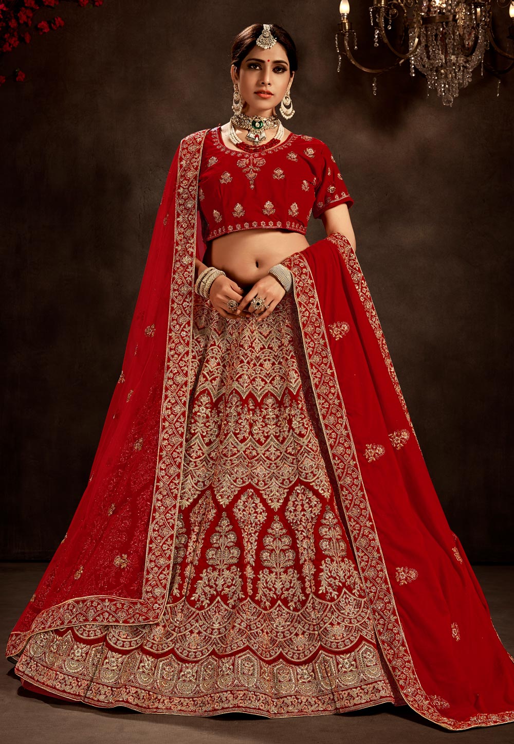 Maroon Embroidered Bridal Velvet Lehenga Choli 219386