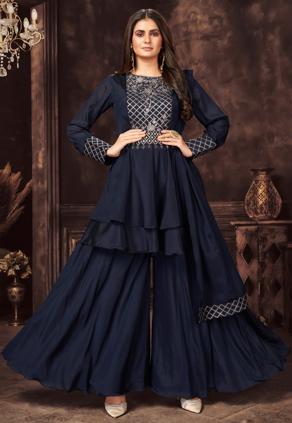 Navy Blue Georgette Readymade Sharara Suit 243078