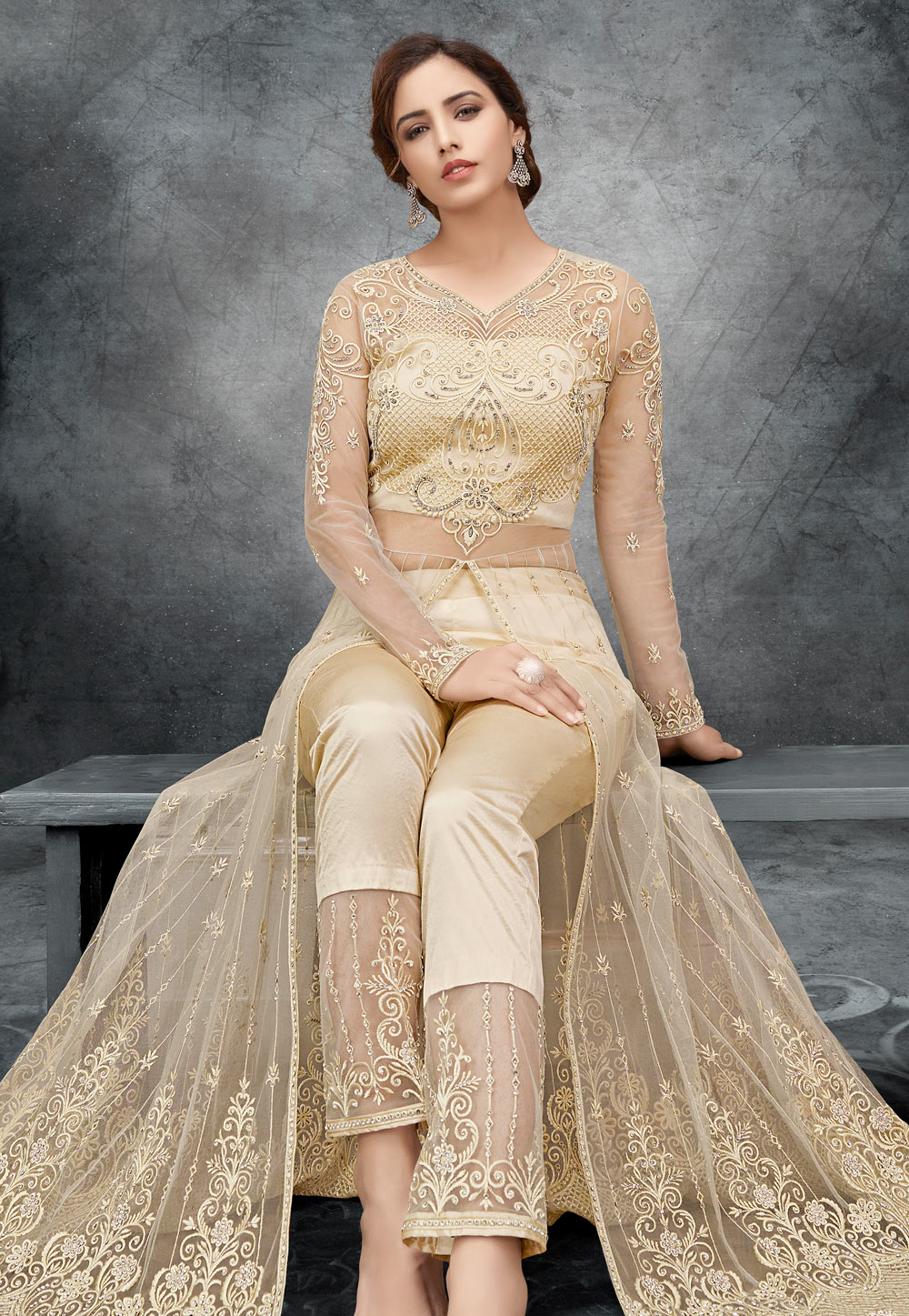 Cream Net Embroidered Pant Style Suit 221087