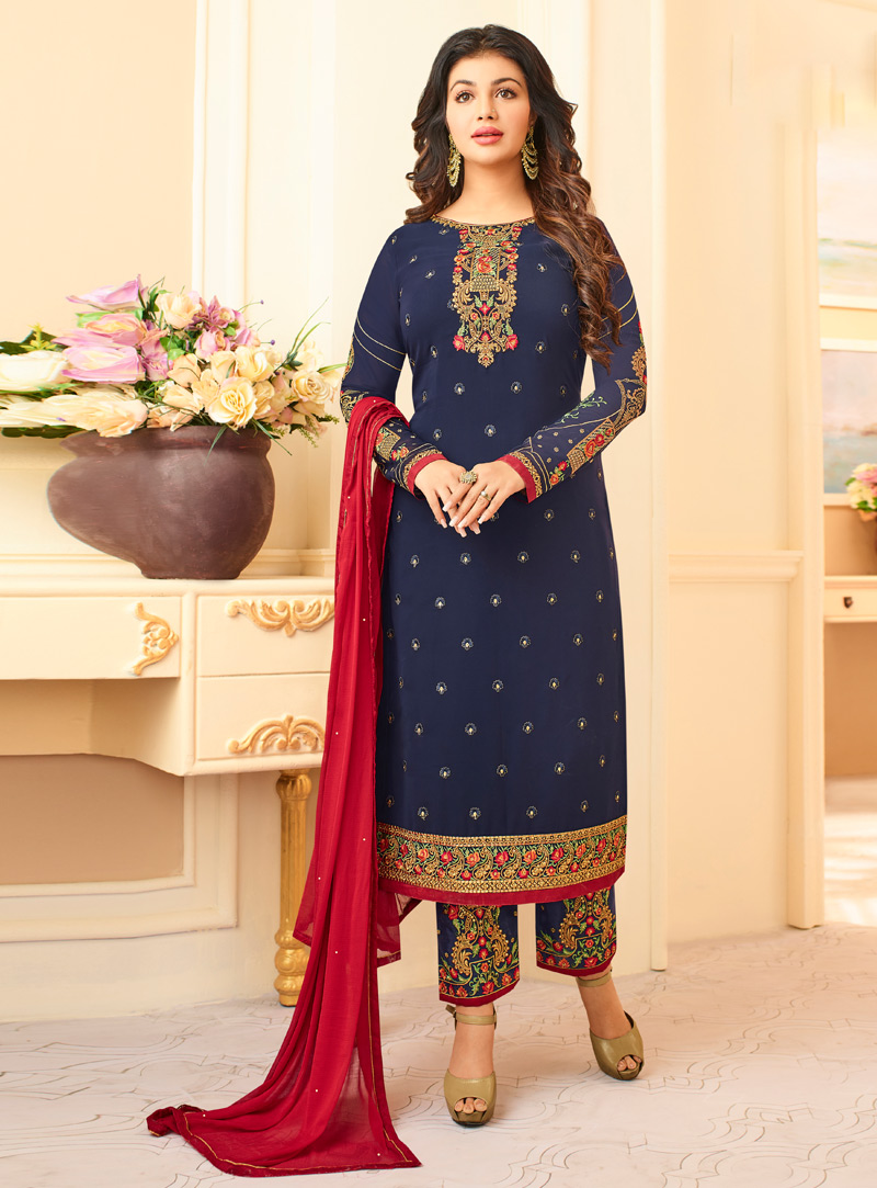 Ayesha Takia Navy Blue Georgette Pant Style Suit 133354