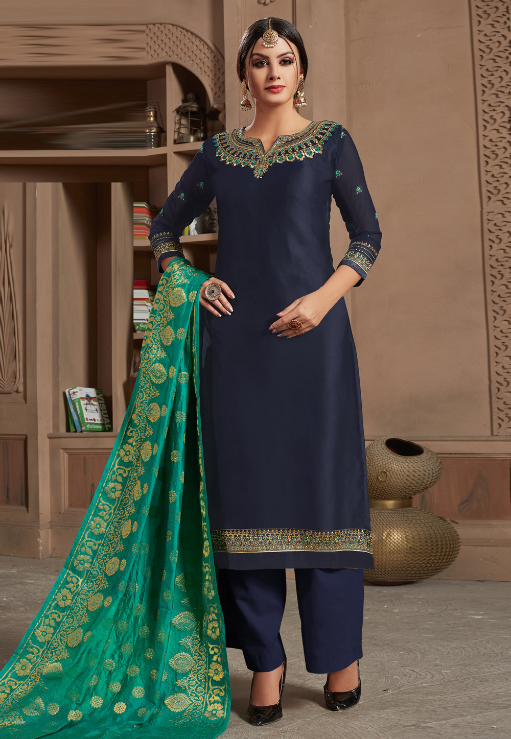 Navy Blue Satin Embroidered Palazzo Suit 180466