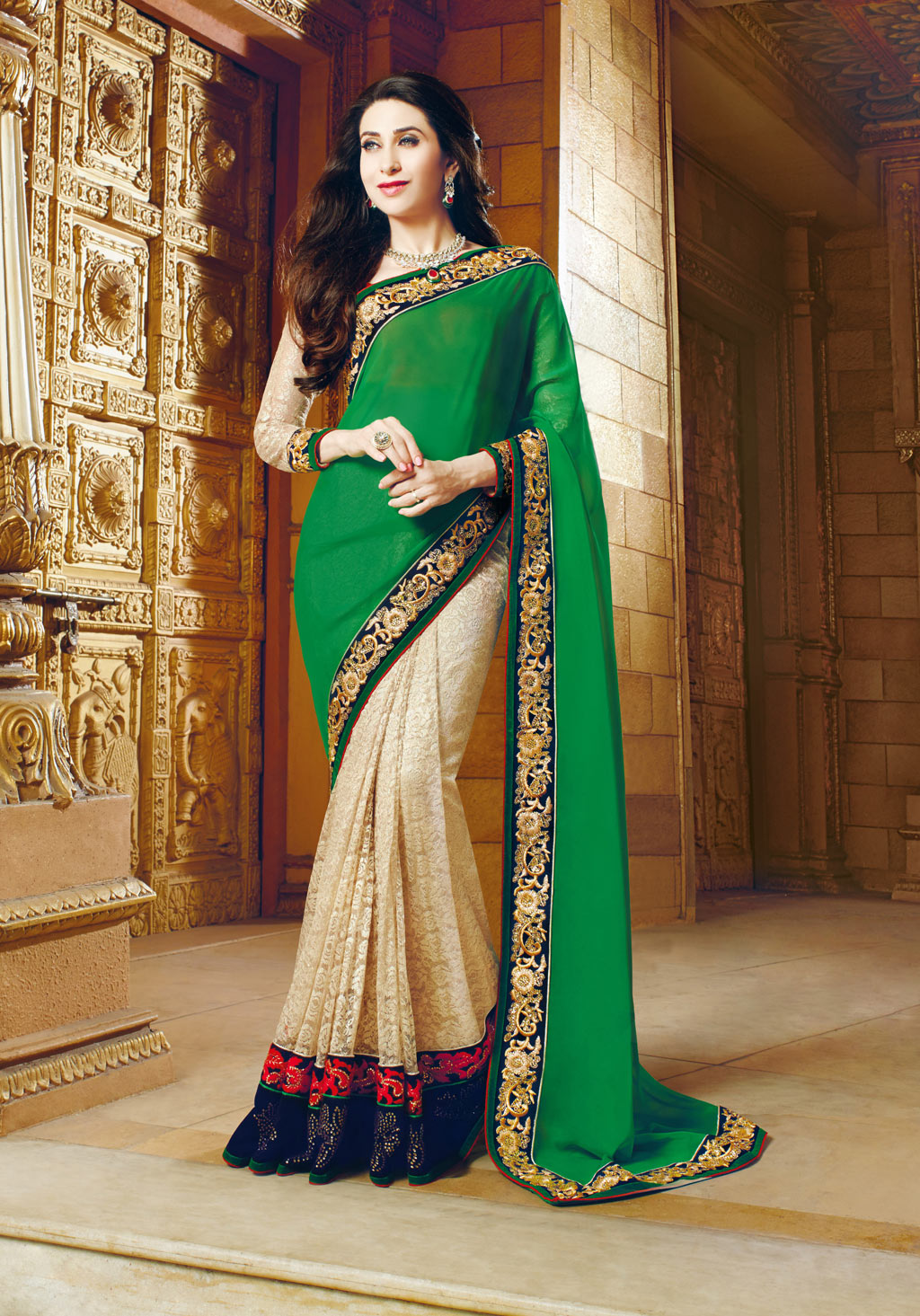 Karisma Kapoor Green Viscose Georgette Half and Half Saree 60996