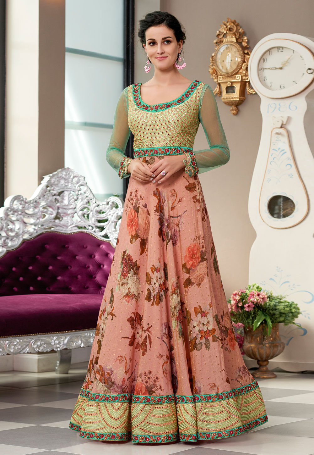 Pink Silk Embroidered Gown 163818