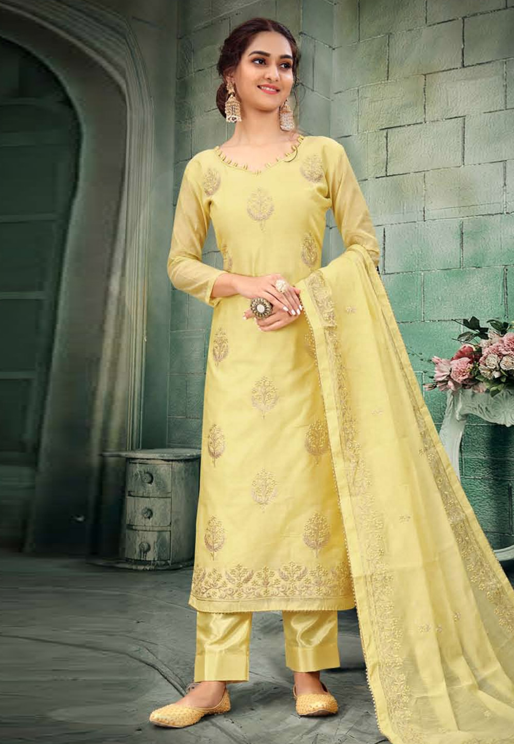 Yellow Chanderi Pant Style Suit 214235