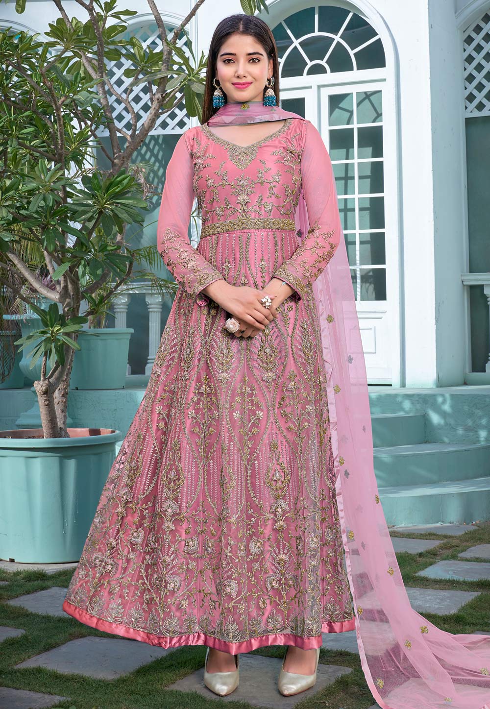 Pink net abaya deals style anarkali suit