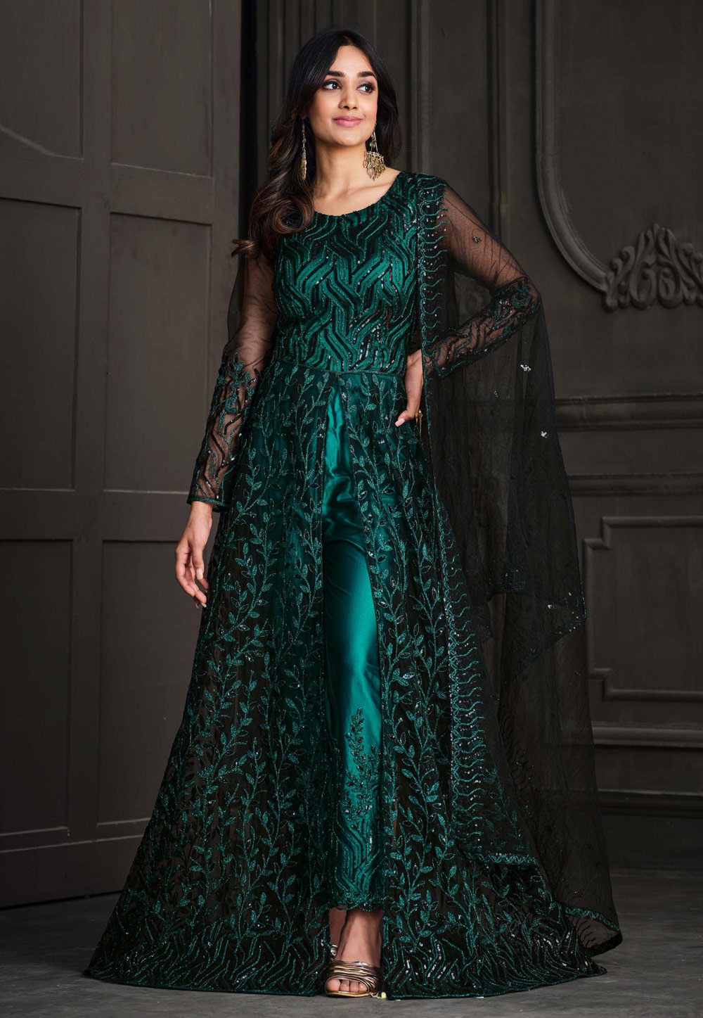 Teal Net Embroidered Pant Style Suit 258771