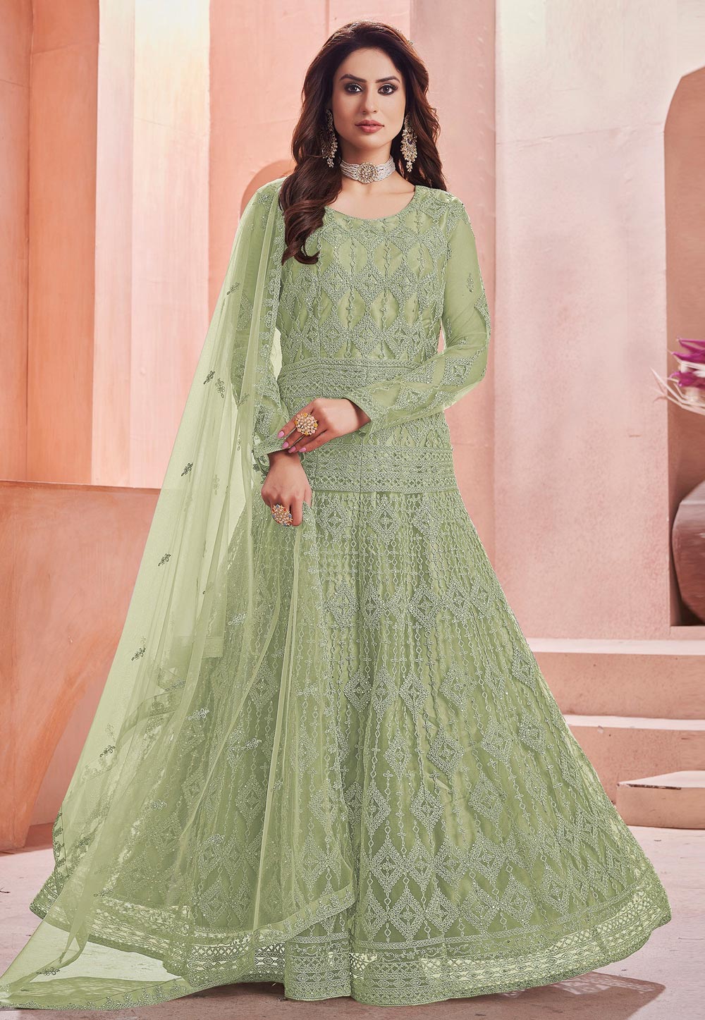 Sea Green Net Abaya Style Anarkali Suit 239807