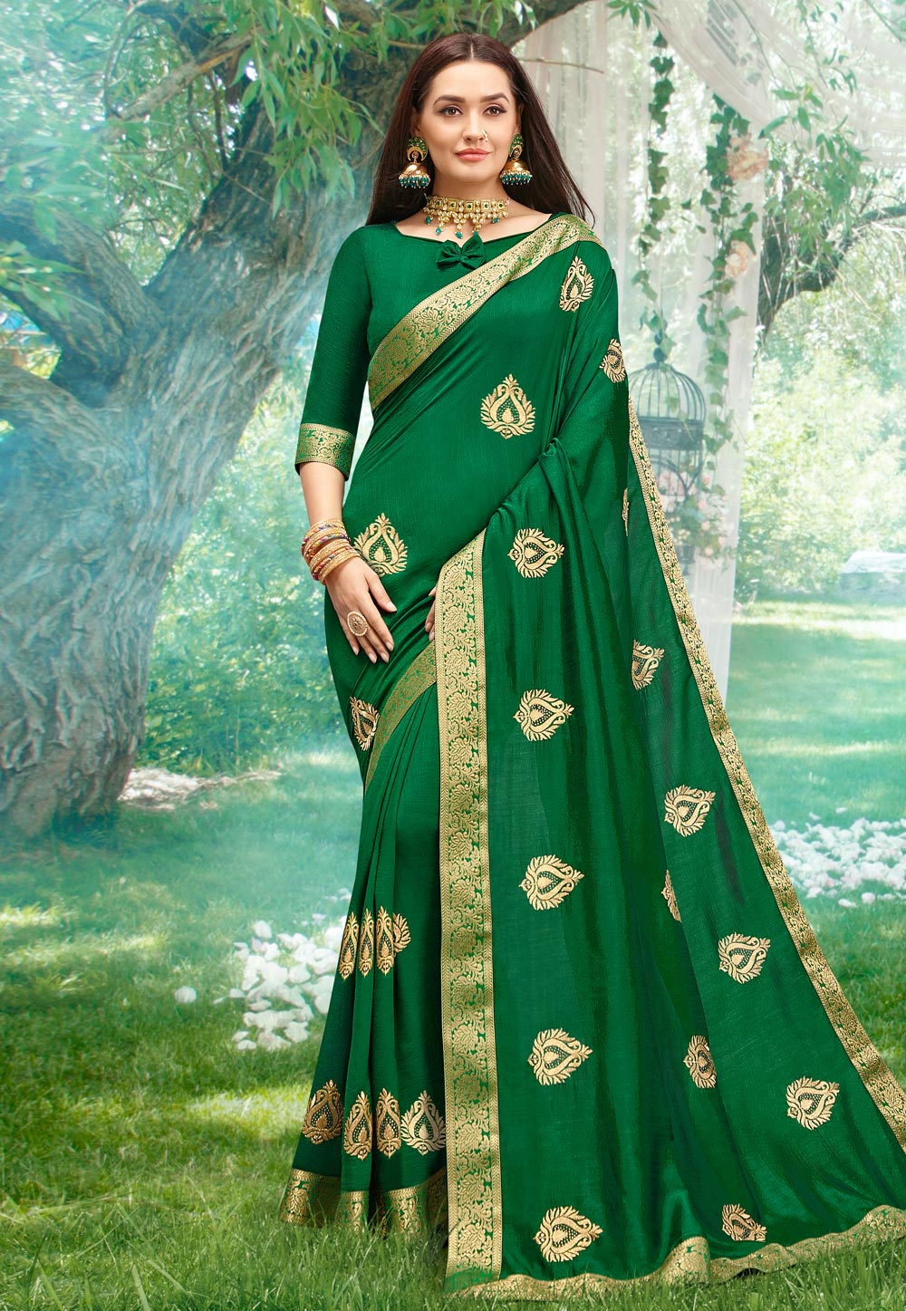 Green Silk Saree With Blouse 201360
