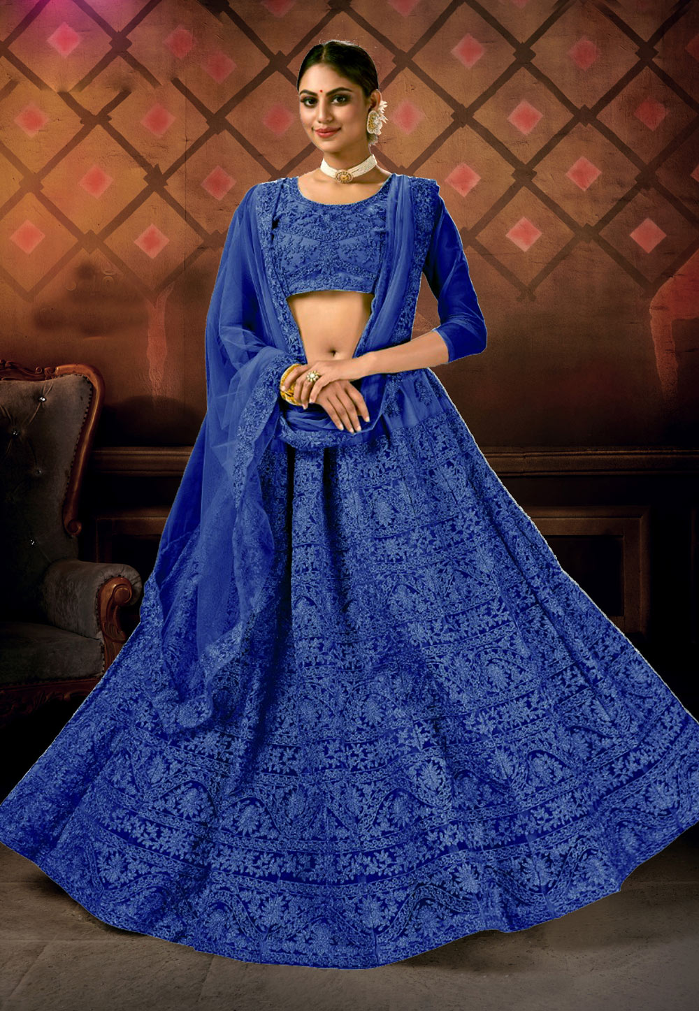 Blue Net Embroidered Lehenga Choli 230704