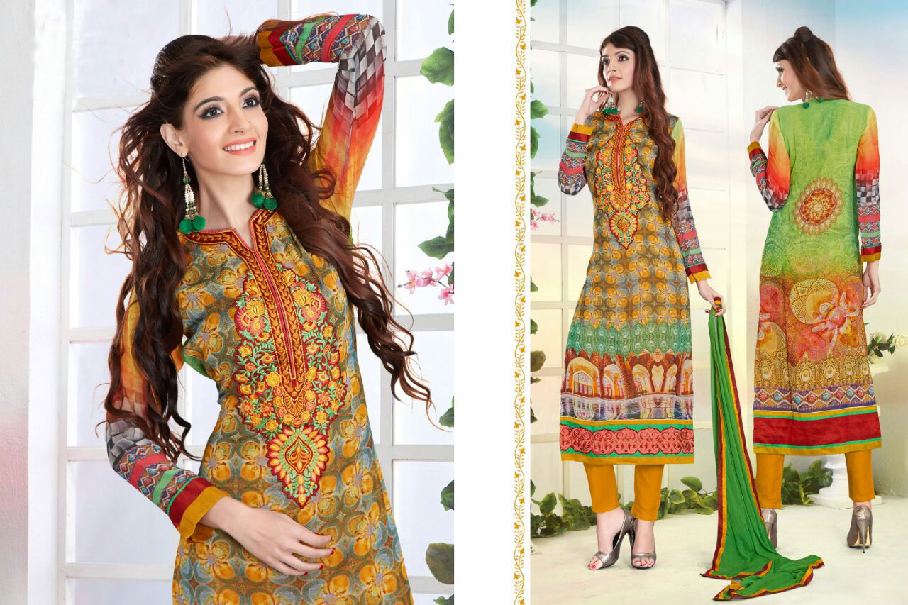 Yellow Georgette Abstract Print Churidar Suit 43342