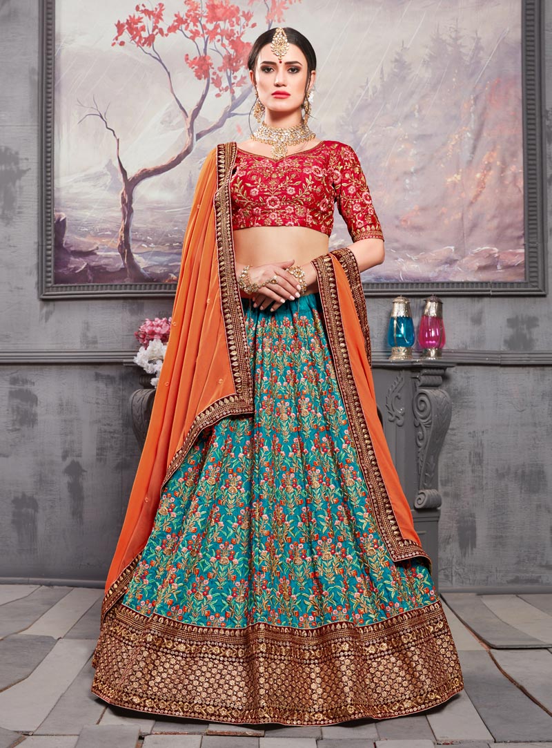 Turquoise Banarasi Silk A Line Lehenga Choli 146107