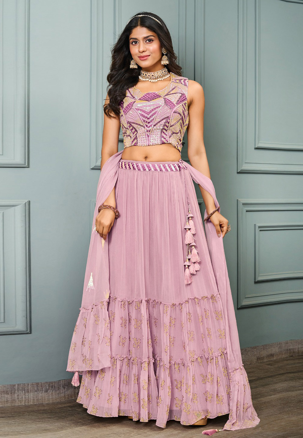 Buy Pink Organza Embroidery V Neck Layered Lehenga Set For Women by Shikha  and Srishti Design Online at Aza Fashions.