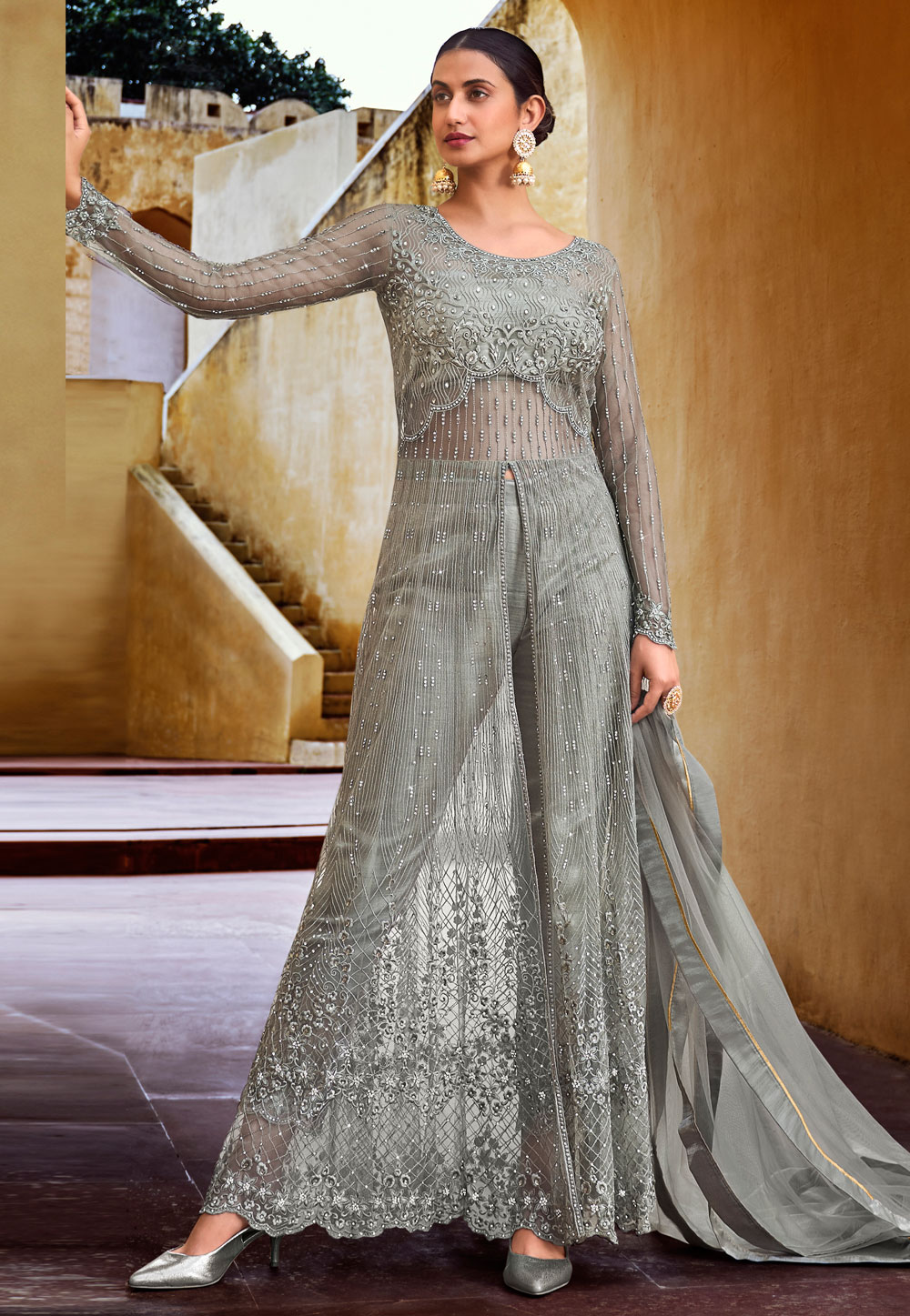 Grey Net Embroidered Pant Style Suit 235618