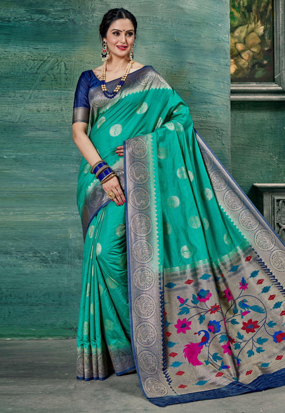 Turquoise Silk Resham Work Paithani Saree 210262