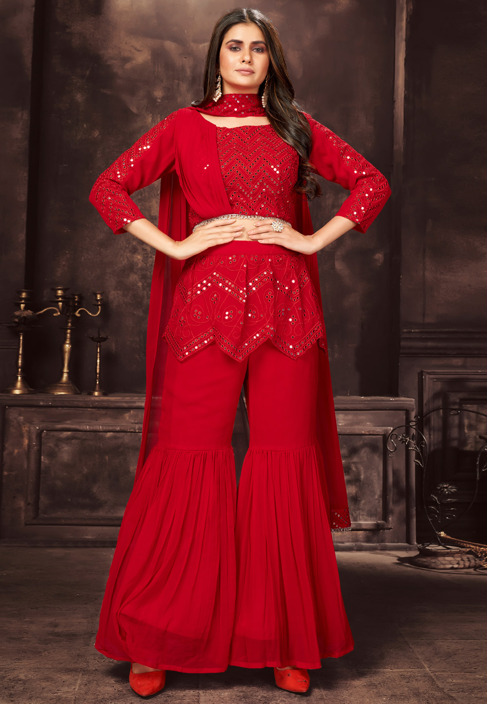 Red Georgette Readymade Sharara Suit 243079
