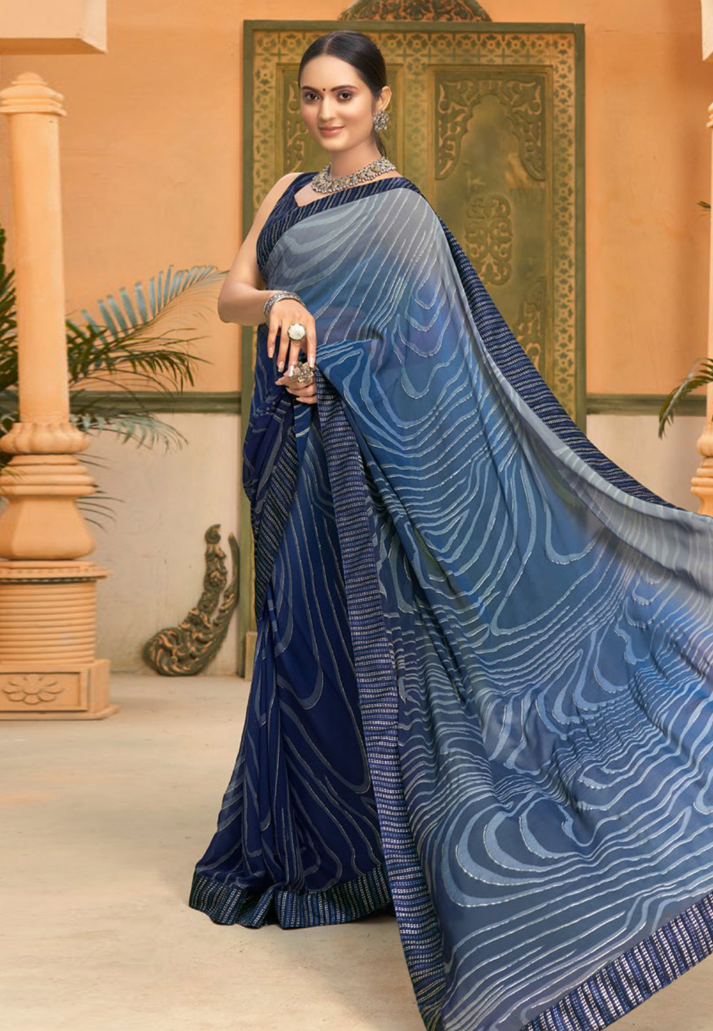 Navy Blue Faux Georgette Saree With Blouse 245962