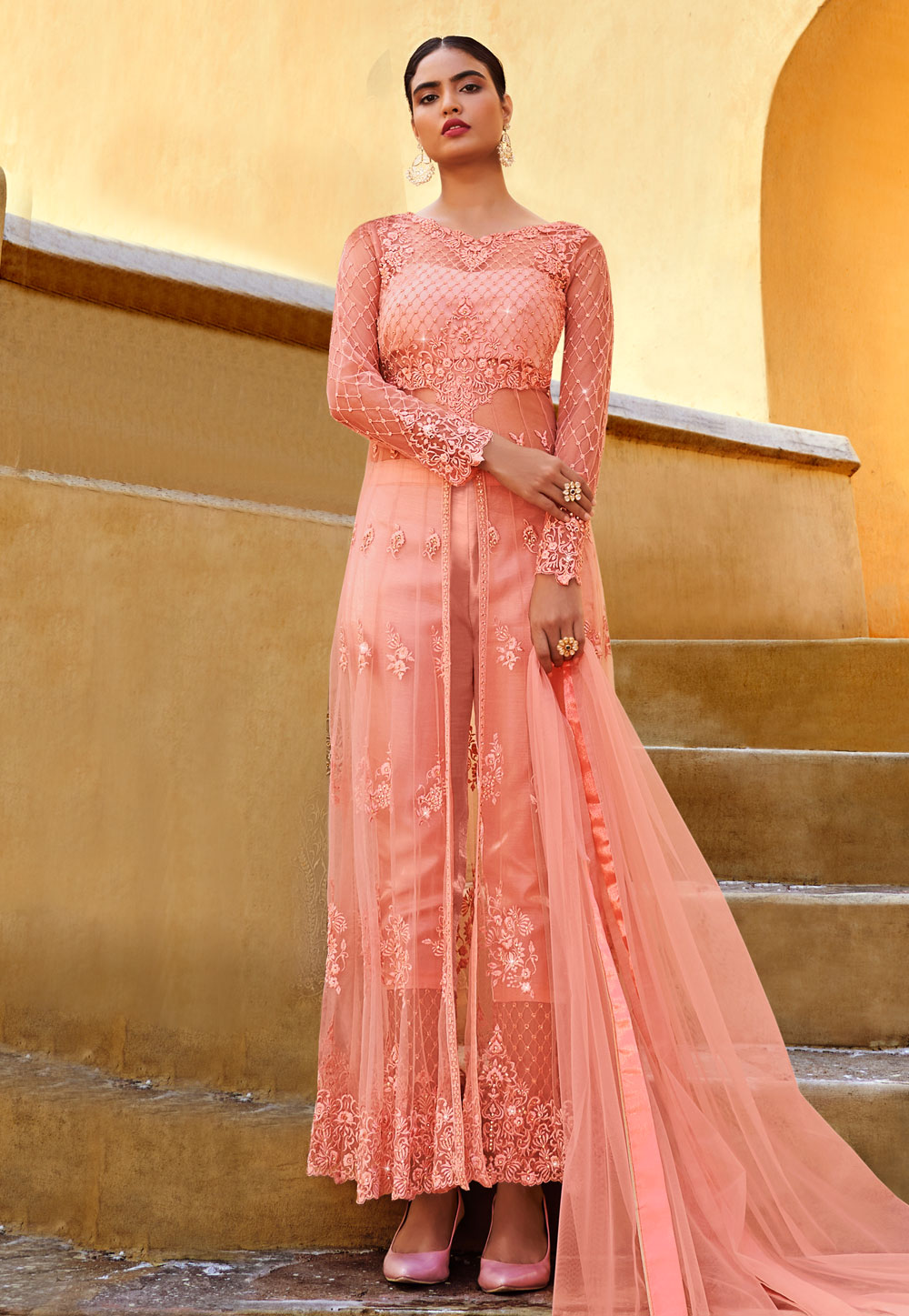 Peach Net Embroidered Kameez With Pant 235620