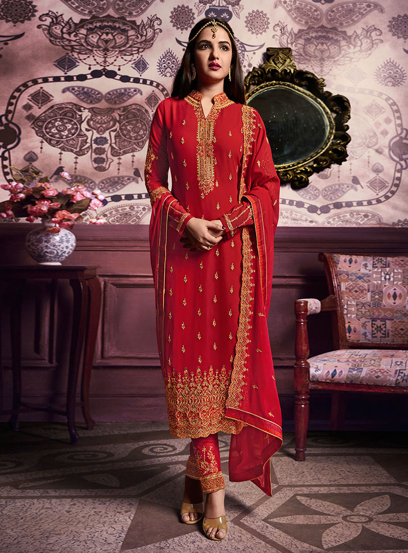 Red Georgette Straight Cut Suit 143137