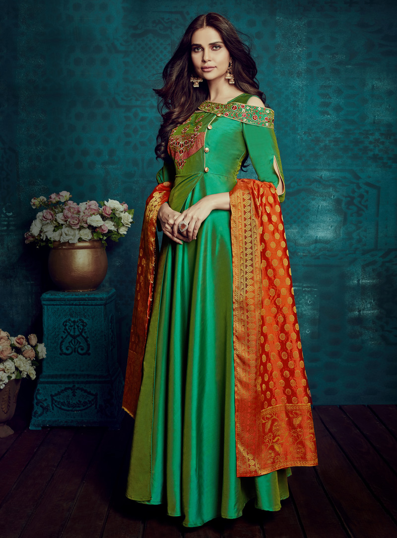 Green Taffeta Silk Readymade Anarkali Suit 140069