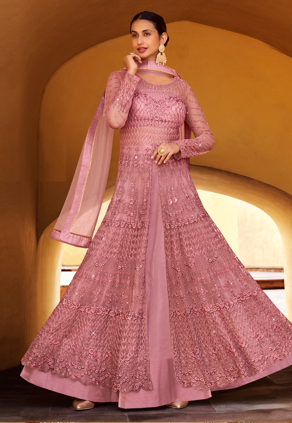 Pink Net Embroidered Indo Western Lehenga Choli 235625