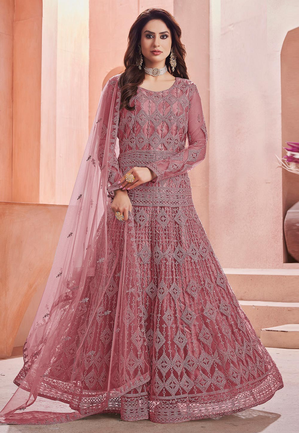 Pink Net Long Anarkali Suit 239808