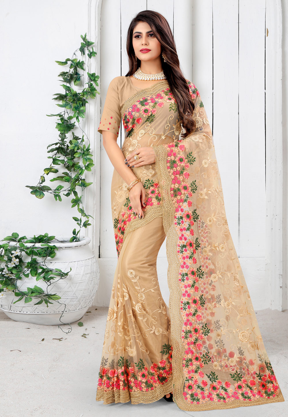 Beige Net Saree With Blouse 233938