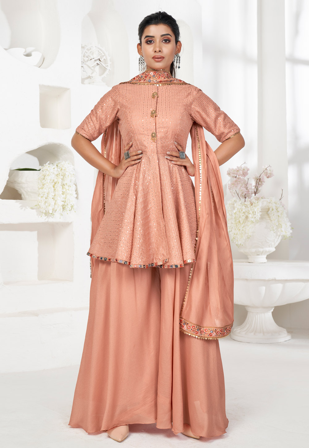 Peach Banarasi Silk Readymade Sharara Suit 243529