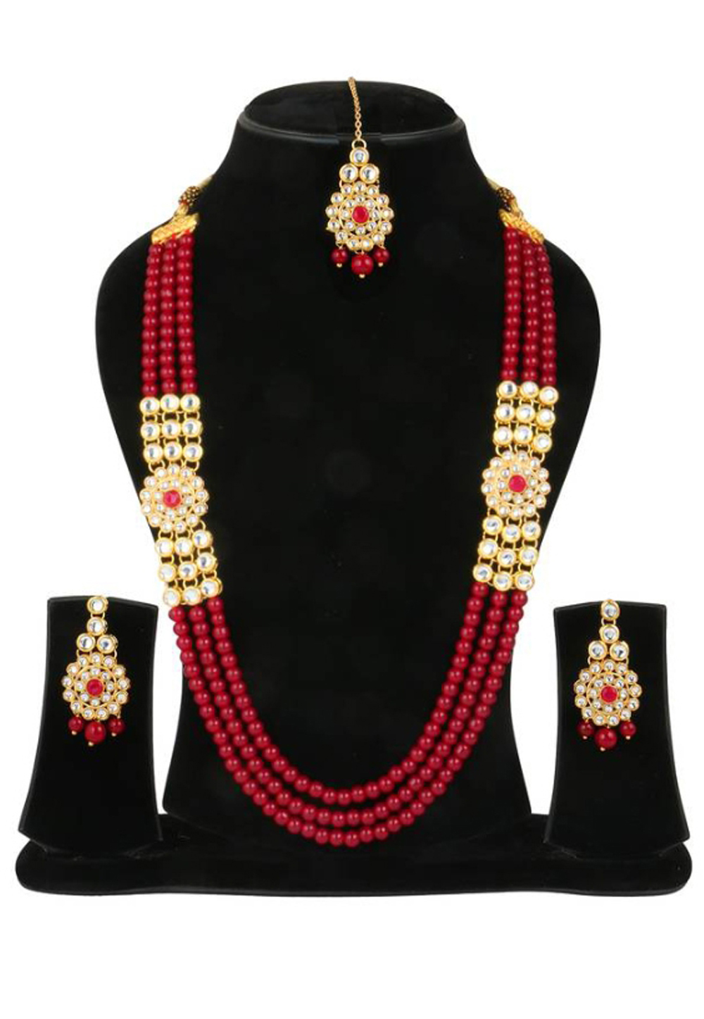 Red Alloy Austrian Diamond Necklace Set Earrings and Maang Tikka 187799