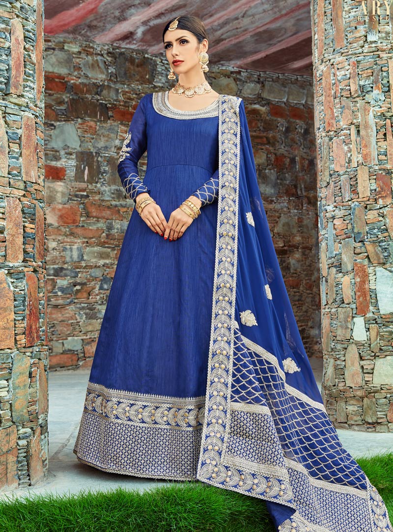 Navy Blue Art Silk Long Anarkali Suit 136732